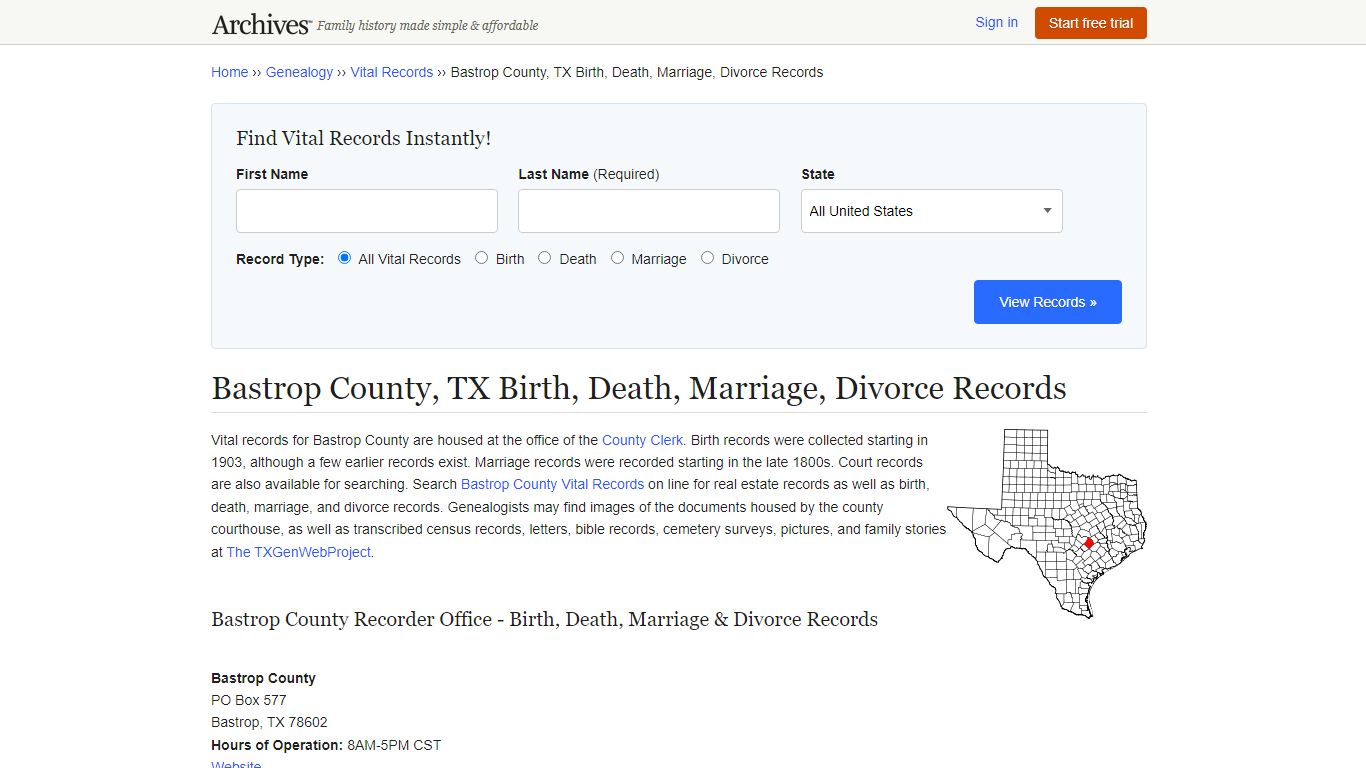 Bastrop County, TX Birth, Death, Marriage, Divorce Records - Archives.com