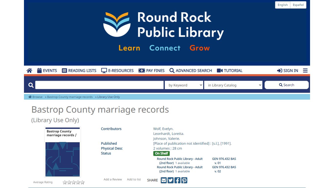 Bastrop County marriage records / | Round Rock Public Library